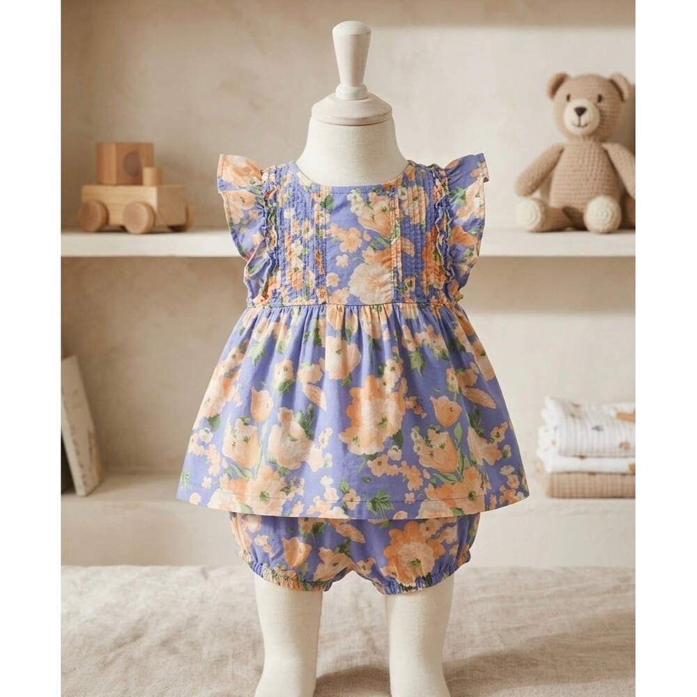 Janie and Jack Baby Girl Floral Top & Bloomer Set Blue Orange 18-24 months